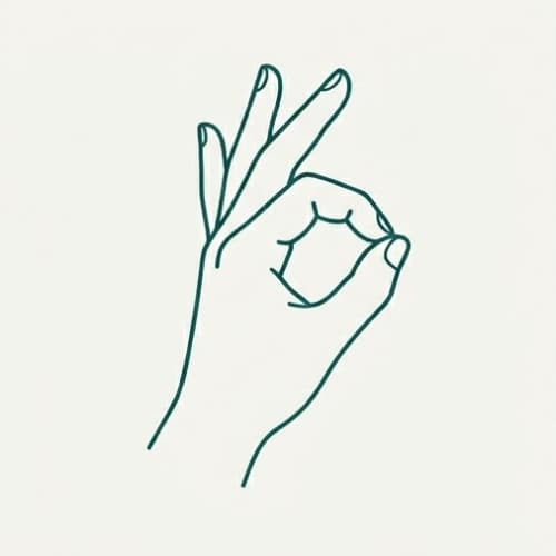 A simple line illustration of a hand resting in chin mudra.