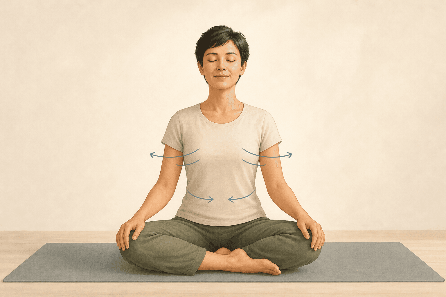 A student sits comfortably with relaxed shoulders while simple arrows suggest gentle rib and abdominal breathing.