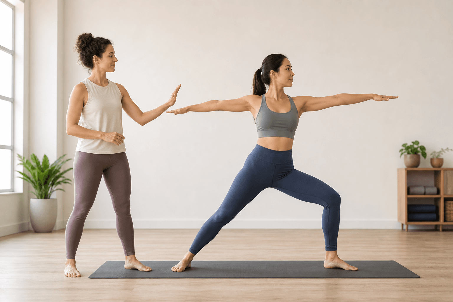 A yoga teacher stands at a respectful distance and offers a hands-off cue while a student practices a standing pose.